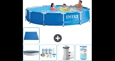 Intex Rond Frame Zwembad - 366 x 76 cm - Blauw - Inclusief Afdekzeil - Onderhoudspakket - Zwembadfilterpomp - Filter - Vloertegels