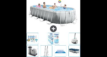 Intex Ovaal Prism Frame Zwembad - 610 x 305 x 122 cm - Grijs - Inclusief Pomp - Ladder - Grondzeil - Afdekzeil Onderhoudspakket - Filters - Stofzuiger
