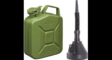 Metalen grote Jerrycan groen voor olie en brandstof van 5 liter met een handige grote trechter van 39 cm