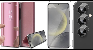 Hoesje geschikt voor Samsung Galaxy S24 Plus - Screenprotector Glas & Camera - Spiegel Book Case Rosegoud