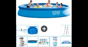 Intex Rond Opblaasbaar Easy Set Zwembad - 457 x 84 cm - Blauw - Inclusief Pomp Afdekzeil - Onderhoudspakket - Filter - Grondzeil - Schoonmaakset - Ladder - Voetenbad