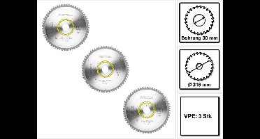 Festool 3x fijnvertand cirkelzaagblad HW 216 x 2,3 x 30 mm W60 216 mm 60 tanden ( 3x 500125 )