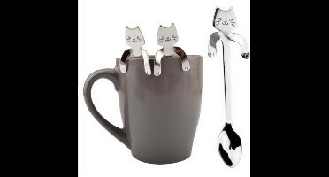 *** 2 Stuks Theelepel – Hangende kat – Koffielepel – Cadeau – Katten – RVS – Zilverkleurig - van Heble® ***