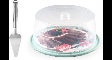 Plasticforte Taart/gebakjes bewaardoos - rond D32 x H15 cm - bodem mintgroen - met taartschep rvs 27 cm