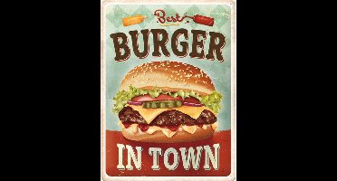 Metalen Wandbord Best Burger in Town Hamburger - 30 x 40 cm - Reliëf