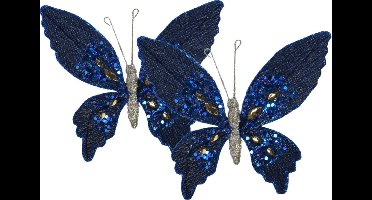 Decoris decoratie vlinders op clip - 2x stuks - donkerblauw - 15 cm