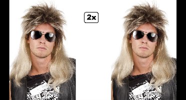 2x Pruik Jovi blond lang haar - Verjaardag pruiken 80s Themafeest party festival hard rocker feest