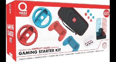 Qware Gaming - Bundel geschikt voor Nintendo Switch - Controller Grips - Gamecase - Oplader - Stuurwiel - Hoes - Thumbgrips - Starterkit - Charging station - Charger - LED Indicatie - Multi Charging - Docking station