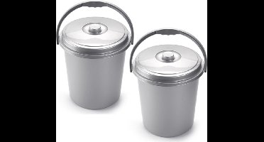 Plasticforte afsluitbare afvalemmer met deksel - 2x stuks - zilver - 21 liter - kunststof - luier emmer - afval - D37 x H40 cm