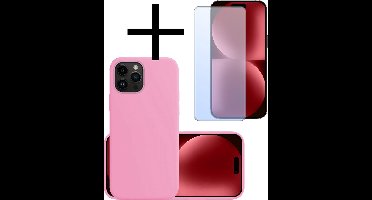 Hoesje - Met Screenprotector - Geschikt voor Apple iPhone 15 Pro Max - Sterk & Shockproof - Back Cover - Siliconen Case - Telefoon Hoes - Lichtroze