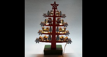 Handgemaakte Houten Kerstboom met Rood Kerstman en Rendieren - Ledverlichting -27cm hoog
