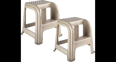 Forte Plastics Keukenkrukje/opstapje - 2x - met 2 treden - beige - kunststof - 43 x 43 x 46 cm