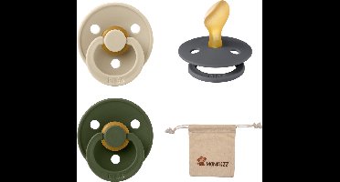 Bibs Dental fopspenen Anatomical 0-6 maanden- Set 3 stuks- Vanilla, Iron, Hunter Green - + Monkiezz speenzakje - orthodontisch- Anatomisch- Maat 1