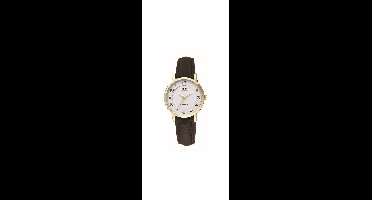Q&Q C60A-001PY - Horloge - Analoog - Vrouwen - Dames - Leren band - Rond - Metaal - Cijfers - Zwart - Goudkleurig - Wit - 3 ATM