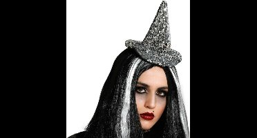 Halloween heksenhoed - mini hoedje op diadeem - one size - zilver glitter - meisjes/dames