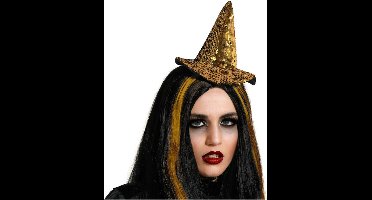 Halloween heksenhoed - mini hoedje op diadeem - one size - goud glitter - meisjes/dames