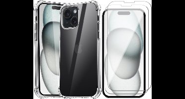 Hoesje geschikt voor iPhone 15 - 2x Screen Protector GlassGuard - Back Cover Case ShockGuard Transparant & Screenprotector