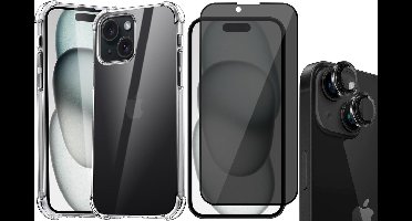 Hoesje geschikt voor iPhone 15 - Privacy Screenprotector FullGuard & Camera Lens Screen Protector Zwart - Back Cover Case ShockGuard Transparant