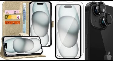 Hoesje geschikt voor iPhone 15 Plus - Screenprotector GlassGuard & Camera Lens Screen Protector Zwart - Book Case Kunstleer Pasjeshouder Goud