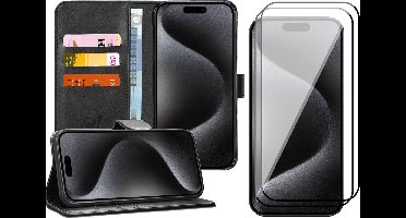 Hoesje geschikt voor iPhone 15 Pro - 2x Screen Protector FullGuard - Book Case Kunstleer Pasjeshouder Zwart & Screenprotector