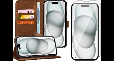 Hoesje geschikt voor iPhone 15 - Screen Protector GlassGuard - Book Case Kunstleer Pasjeshouder Bruin & Screenprotector