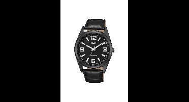 Q&Q Q68A-001PY - Horloge - Analoog - Heren - Mannen - Leren band - Rond - Metaal - Cijfers - Strepen - Zwart - Zilverkleurig - 3 ATM