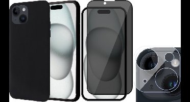 Hoesje geschikt voor iPhone 15 Plus - Privacy Screenprotector FullGuard & Camera Lens Screen Protector - Back Cover Case SoftTouch Zwart