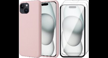 Hoesje geschikt voor iPhone 15 Plus - 2x Screen Protector GlassGuard - Back Cover Case SoftTouch Roze & Screenprotector