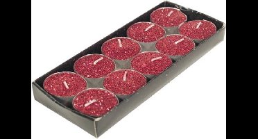 Gerimport theelichtjes/waxinelichtjes kaarsjes- 10x - rood glitters 3,5 cm