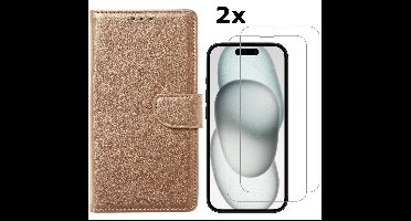 Hoesje Geschikt voor iPhone 15 Plus hoesje bookcase met 2x screenprotector – Goud