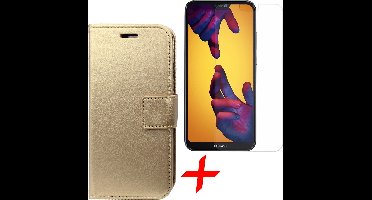 Hoesje geschikt voor Huawei P20 Lite - Kunstlederen Book Case Siliconen TPU Goud + Screenprotector Gehard Glas - van iCall