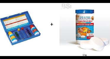 Zwembad chloor kit: Test kit + langwerkend chloor 1kg (tabletten)
