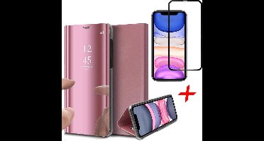 Hoesje geschikt voor iPhone 11 - spiegel book case cover roségoud + Screenprotector glas tempered glass screen protector full screen