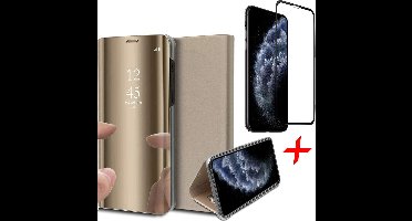Hoesje geschikt voor iPhone 11 pro max - spiegel book case cover goud + Screenprotector glas tempered glass screen protector full screen