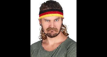 Vegaoo - Zwarte rode en gele mullet hoofdband met snor voor volwassenen