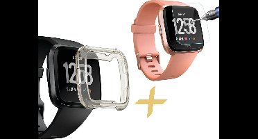 Hoesje + Screenprotector geschikt voor Fitbit Versa - Anti Shock Proof Siliconen TPU Back Cover Case Hoes Zwart - Tempered Glass Screenprotector