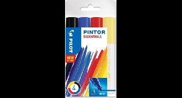 Pilot Pintor 4 Kleuren Verfstiften Set - Essentials Set - Medium marker met 4,5mm punt - Inkt op waterbasis - Dekt op elk oppervlak, zelfs de donkerste - Teken, kleur, versier, markeer, schrijf, kalligrafeer…