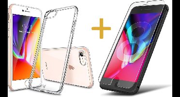 Hoesje geschikt voor Apple iPhone 8 - Hardcase met Soft Siliconen TPU Zijkant Transparant Hoesje + Screenprotector Gehard Tempered Glass - 360 Graden Bescherming