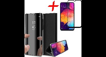 Hoesje geschikt voor Samsung A30s en Screenprotector - Book Case Spiegel + Screen Protector Full - Zwart