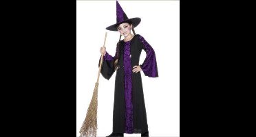 Smiffys Heksen kinder jurk - zwart/paars - Halloween kostuum - verkleedkleding carnaval - fluweel 146/158