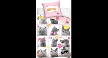Carbotex Dekbedovertrek Meow 140 X 200 Cm Katoen Roze/wit