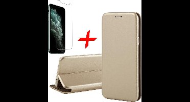 Hoesje geschikt voor iPhone 11 pro - book case cover Kunstleer wallet goud + Screenprotector glas tempered glass screen protector