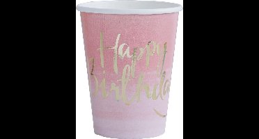 Papieren bekertjes - Roze Happy Birthday (8 stuks)