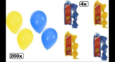 200x Ballonnen en 4x Crepe guirlande  24m blauw/geel