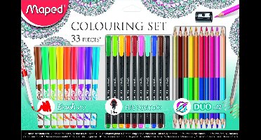 Kleurset 33-delig viltstiften BRUSH, fijnschrijvers GRAPH'PEPS, Kleurpotloden DUO, slijper