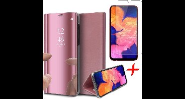 Hoesje geschikt voor Samsung Galaxy A10 - Screen Protector GlassGuard - Book Case Spiegel Roségoud & Screenprotector