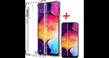 Hoesje geschikt voor Samsung Galaxy A50 - Anti Shock Proof Siliconen Back Cover Case Hoes Transparant - Tempered Glass Screenprotector