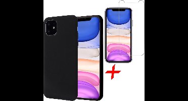 Hoesje geschikt voor iPhone 11 - Screenprotector GlassGuard - Zwart Liquid Siliconen Case