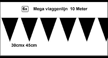 6x Mega vlaggenlijn zwart 30cm x 45cm 10 meter - Reuze vlaggenlijn - vlaglijn mega thema feest verjaardag optocht festival