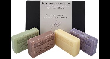 Savon de Marseille cadeau zeep set Aloë vera, Musc, Cologne, Lavendel scrub 4x125 gr.